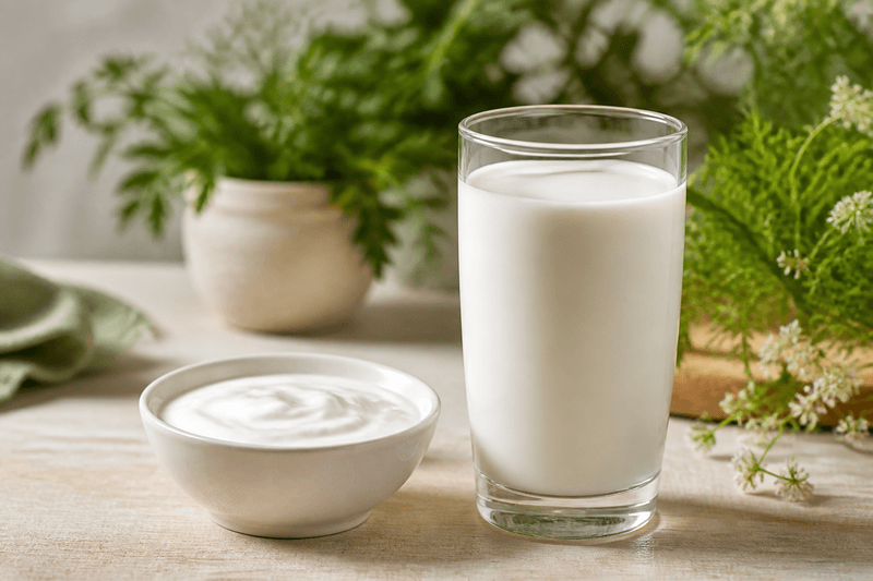 Glass of milk and bowl of fresh curd