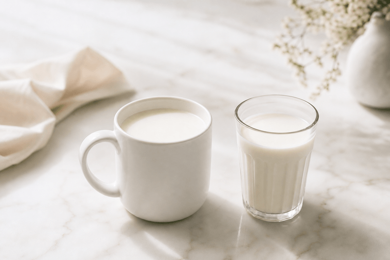 Mug and glass of fresh milk