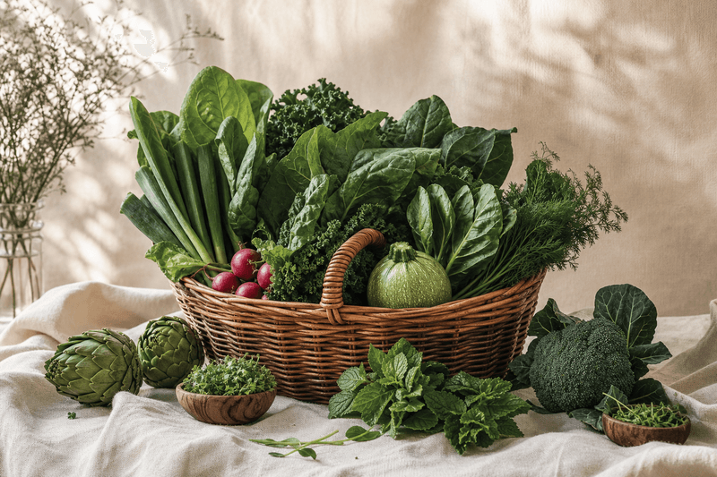 Organic greens and farm basket