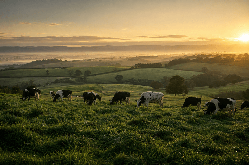 Expansive farm landscape at golden hour